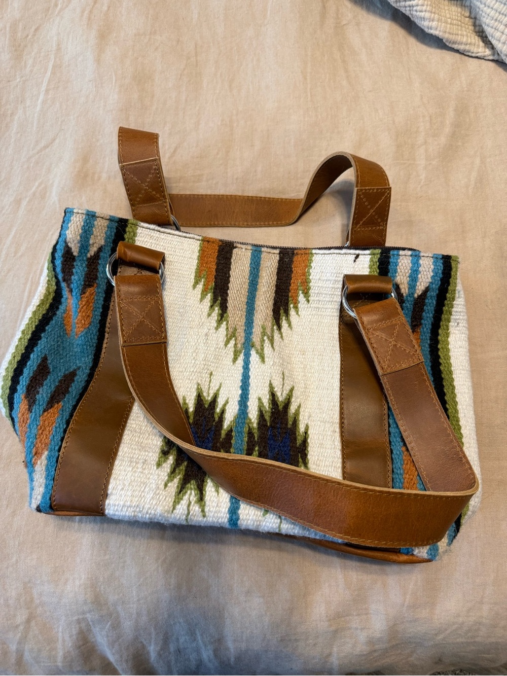 Hand Woven Aztec-Style Tote with Brown Leather Straps